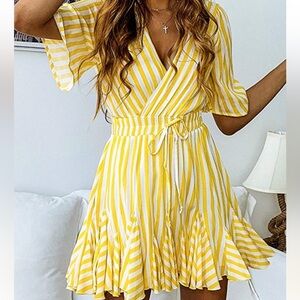 PrettyGarden Striped Faux-Wrap Cinch Waist Ruffle A-Line Dress Yellow Size L